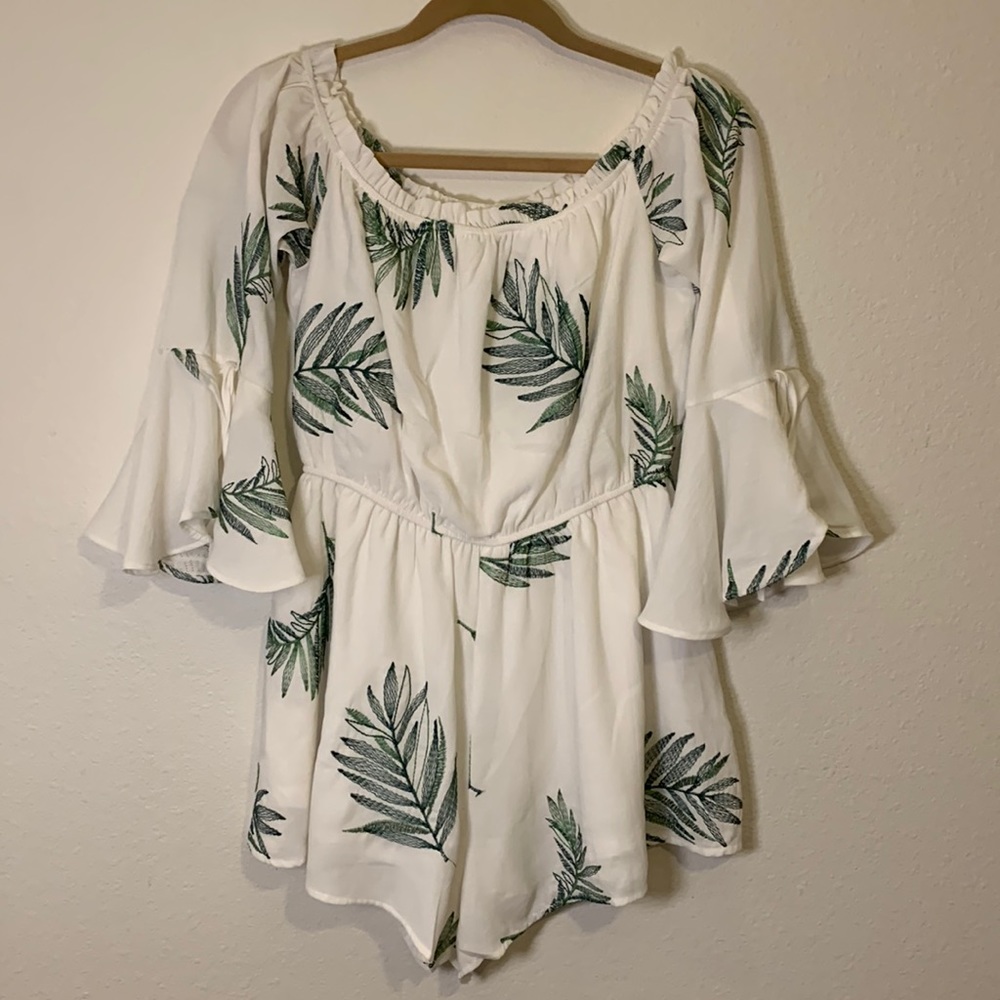 Papaya Off the Shoulder Embroidered Leaf Shorts Romper